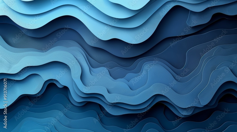 Poster abstract layers of blue waves creating depth and texture in artistic design