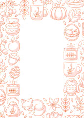 Autumn vertical a4 poster, space for text, isolated background. Minimalist monochrome red frame with fall seasonal cozy elements. For card, banner, invitation, social media, festival or planner.