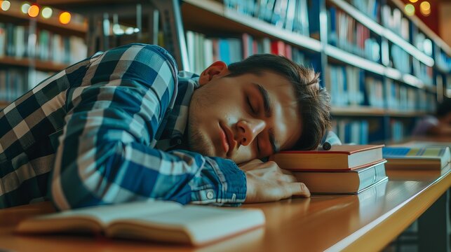 tired student sleeping in library