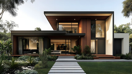 Obraz premium Modern House with Wooden Facade and Green Garden - 3D Illustration