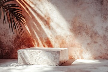 Minimal White Stone Table Corner with Light Beam, Shadow, and Spotlight on the Coral Concrete Wall Background