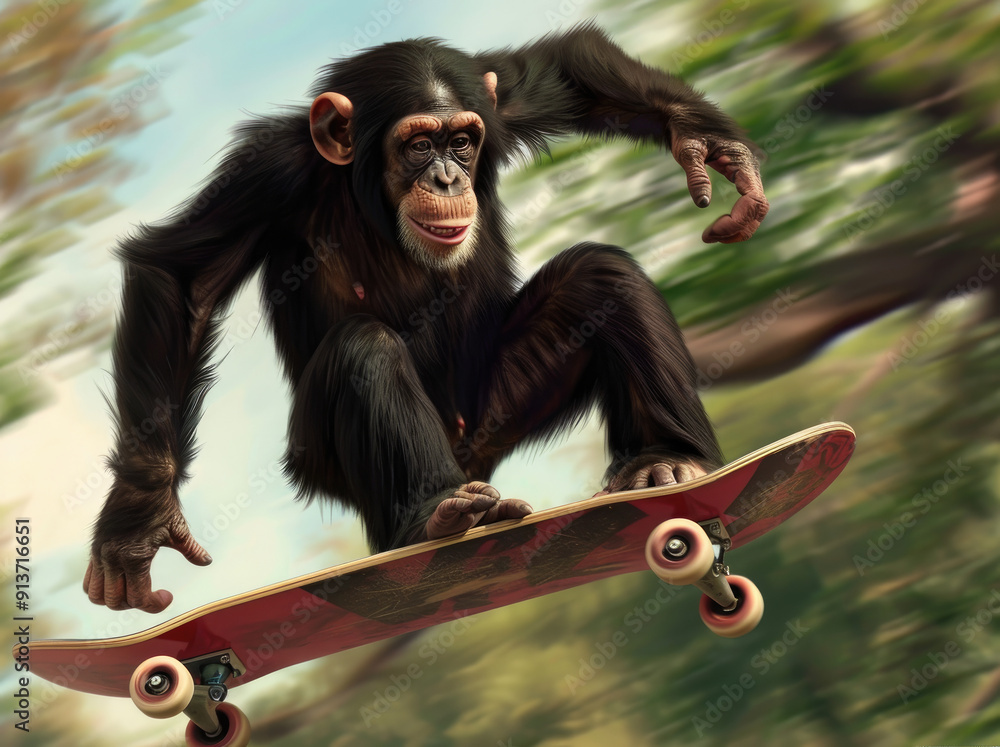 Poster A chimpanzee doing skateboard tricks