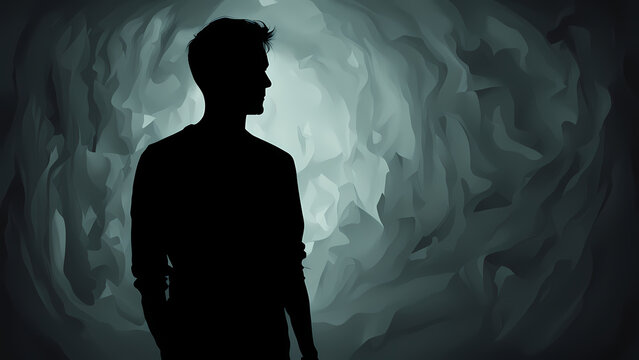 Depressive Verstimmung, Schatten von einem Mann in einer grauen d&uuml;steren Welt wo nur noch den Schatten von sich selbst ist