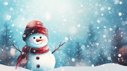 Smiling snowman in a red hat and scarf standing in a snowy winter forest.