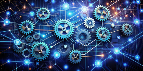 Abstract illustration of interconnected gears, circuits, and nodes, representing the fusion of technology and communication in the digital age.