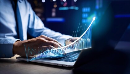 Businessman hands or stock trader analyzing stock graph chart Forex charts by indicator using laptop to buy or sell stock. Generated image