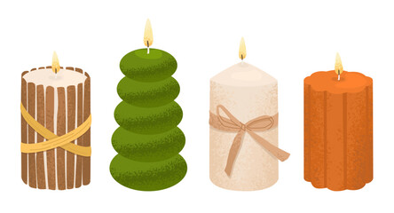 Set of decorative candles for interior decoration. Flame of a lit wick. Creating a cozy and romantic atmosphere in the house. Vector illustration isolated on a transparent background.