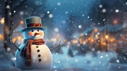 Obraz premium Smiling snowman with hat and scarf in a snowy winter village scene.