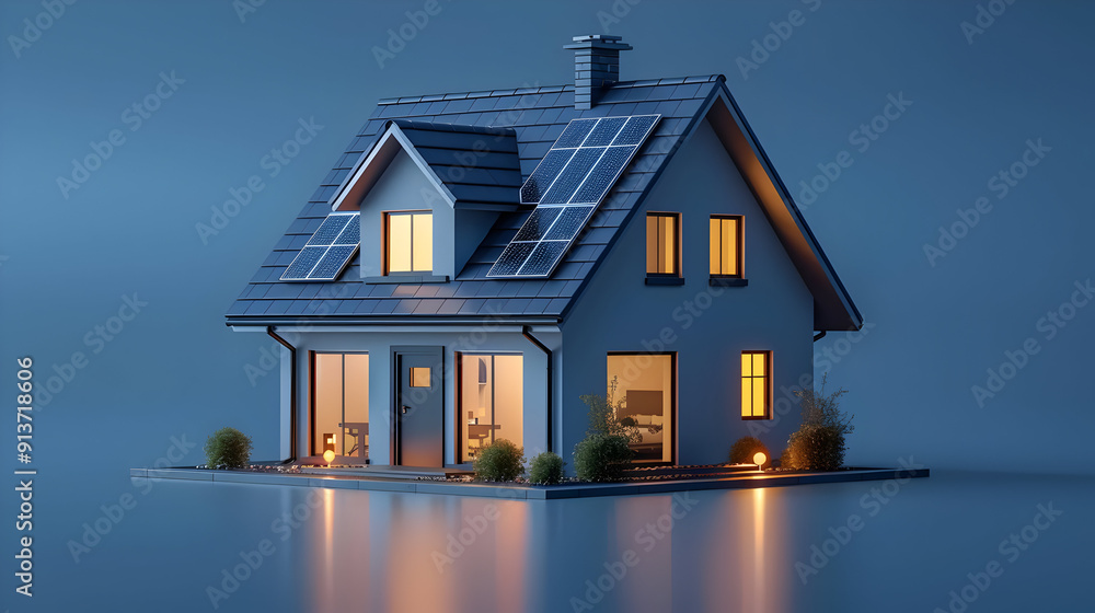 Wall mural 3D Render of a Modern House with Solar Panels