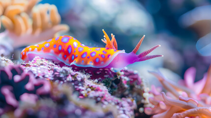 Fototapeta premium Vibrant nudibranch with orange and white patterns exploring a bright coral reef in clear water.