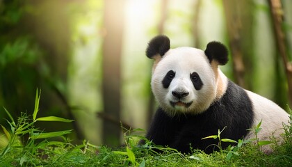 Fototapeta premium giant panda bear, The panda’s expressive eyes and distinctive black-and-white fur stand out against the soft, natural light filtering through the trees, Portrait of a giant panda