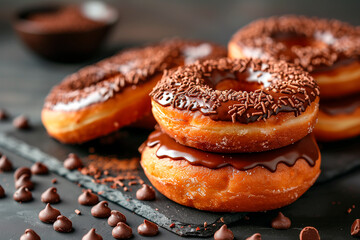Donuts with chocolate icing and chocolate crumbs on a black napkin.