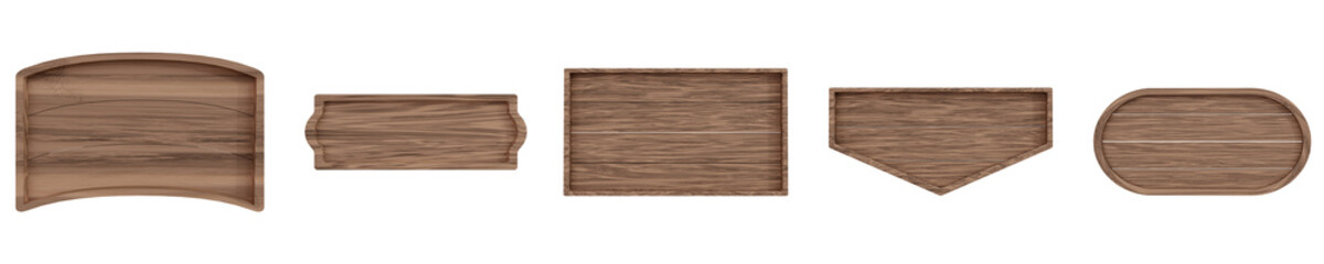 Realistic set of wooden plaques and signboards isolated on transparent background. blank nameplate mockup made of natural oak, vintage direction pointer sign of different shape, 3d render
