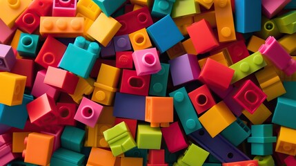 Naklejka premium Colorful 3D building blocks toy set arranged in creative structures, vibrant colors