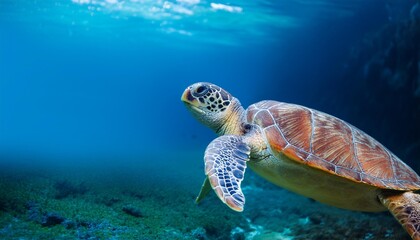 Fototapeta premium turtle's detailed shell and serene expression create a peaceful and captivating scene, emphasizing the beauty of marine life, Underwater photograph of a sea turtle gracefully swimming through ocean