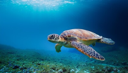 Obraz premium turtle's detailed shell and serene expression create a peaceful and captivating scene, emphasizing the beauty of marine life, Underwater photograph of a sea turtle gracefully swimming through ocean