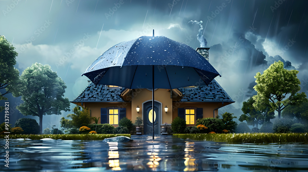 Poster Rainy Night Illustration: House Under a Giant Umbrella