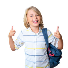 Middle school smiling teen boy girl backpack png isolated white background looking at camera thumb up. Copy space for advertising blank concept. Back to school. Childhood, education, children