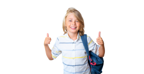 Middle school smiling teen boy girl backpack png isolated white background looking at camera thumb up. Copy space for advertising blank concept. Back to school. Childhood, education, children