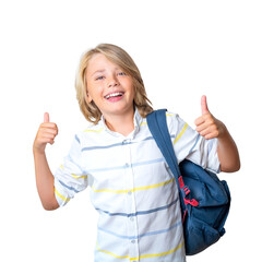Middle school smiling teen boy girl backpack png isolated white background looking at camera thumb up. Copy space for advertising blank concept. Back to school. Childhood, education, children