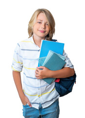 Middle school smiling teen boy girl backpack png isolated white background looking at camera holding books. Copy space for advertising blank concept. Back to school. Childhood, education, products for