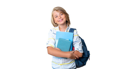 Middle school smiling teen boy girl backpack png isolated white background looking at camera holding books. Copy space for advertising blank concept. Back to school. Childhood, education, products for