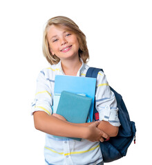 Middle school smiling teen boy girl backpack png isolated white background looking at camera holding books. Copy space for advertising blank concept. Back to school. Childhood, education, products for