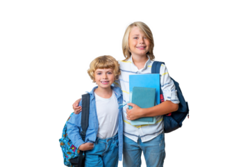Middle elementary primary school smiling teen boy girl backpack png isolated white background looking at camera holding books. Copy space for advertising blank concept. Back to school.