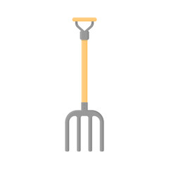 Iron pitchfork with wooden handle in cartoon style on a white background. Four-prong forks