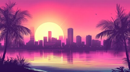 Obraz premium a city skyline with palm trees and a pink sunset
