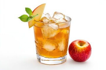 Refreshing Apple Cider with Ice isolated on white background