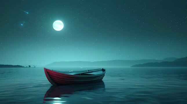 Wooden boat drifting on a quiet ocean under a full moon, creating a tranquil and mystical night-time scene
  Seamless looping 4k time-lapse virtual video animation Generated AI