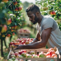 a man picking apples in an orchard