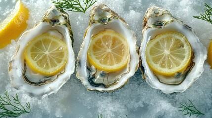 Oysters on a bed of rock salt with lemon slices and herbs creating a vibrant culinary masterpiece