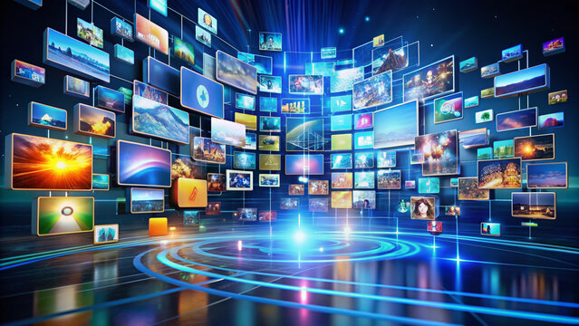  Colorful 3D media data concept featuring video and photo galleries, document management, and files in a database, represented by icons and futuristic elements.