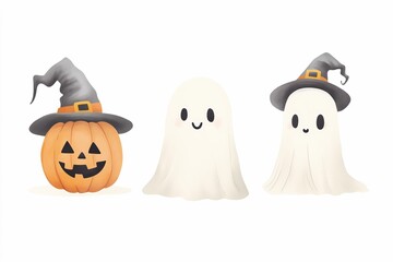 Fototapeta premium Cute drawn illustration of ghosts with hat and with pumpkins on white background, ghost set, Halloween and children's book illustration concept, greeting card, banner, cut out