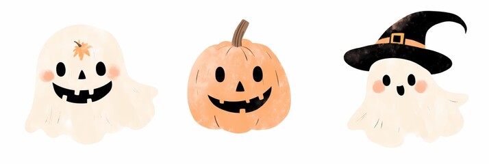 Cute drawn illustration of ghosts with hat and with pumpkins on white background, ghost set, Halloween and children's book illustration concept, greeting card, banner, cut out