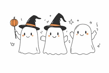 Obraz premium Cute drawn illustration of ghosts with hat and with pumpkins on white background, ghost set, Halloween and children's book illustration concept, greeting card, banner, cut out