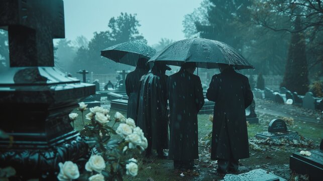 cinematic still of three people in black robes standing at graveside with white roses in a foggy cemetery