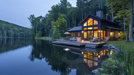 Lakehouse with large windows showcasing serene waters and forest, tranquil and scenic retreat,...