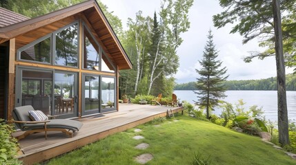 Lakeside cabin with large windows showcasing still waters, serene and picturesque getaway, lake outlook - Powered by Adobe