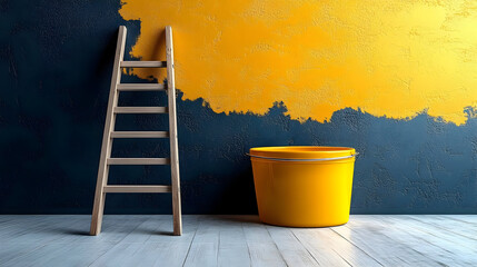 Wooden Ladder and Yellow Paint Bucket on Floor Illustration