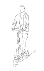Woman in skirt riding electric scooter. Black and white vector in line art style.