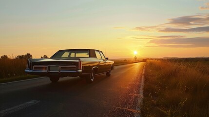 black vintage car driving on a road at sunset with golden rays illuminating the open field