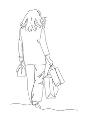 Woman with shopping bags walking away. Back view. Continuous line drawing. Black and white vector illustration in line art style.