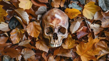 a skull surrounded by leaves in a field