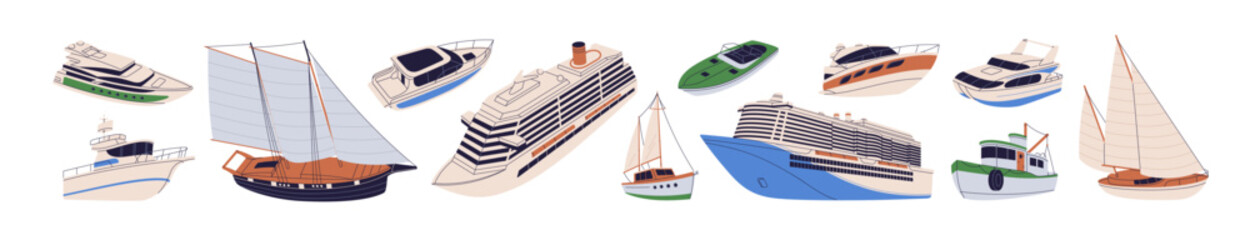 Ships and boats, different types. Passenger sea transport. Modern marine vessels set. Sailboat, sail yacht, cruise ferry, cruisers and liner. Flat vector illustration isolated on white background © Good Studio