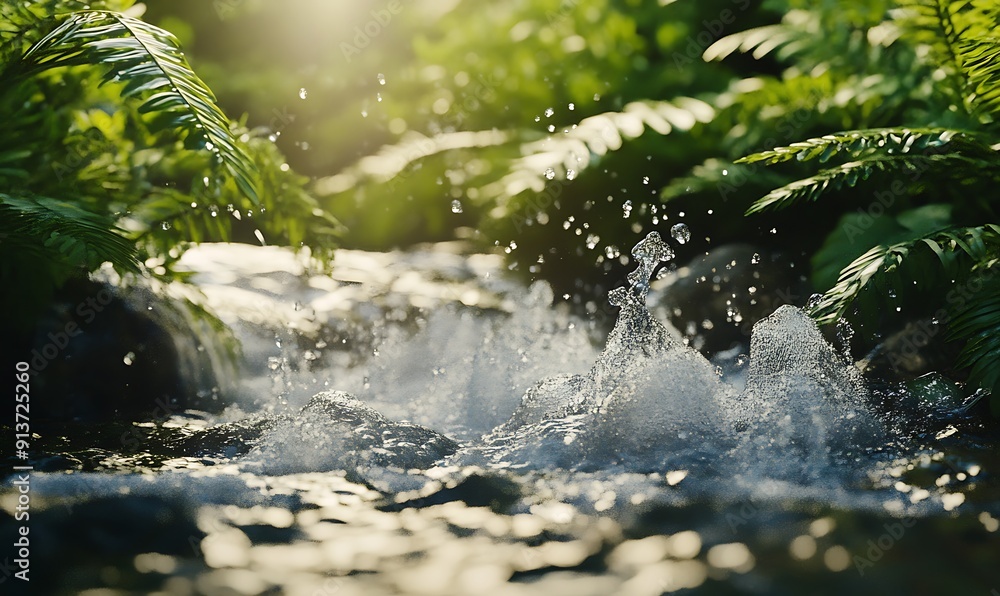 Poster cinematic closeup of dynamic flowing stream surrounded by lush greenery