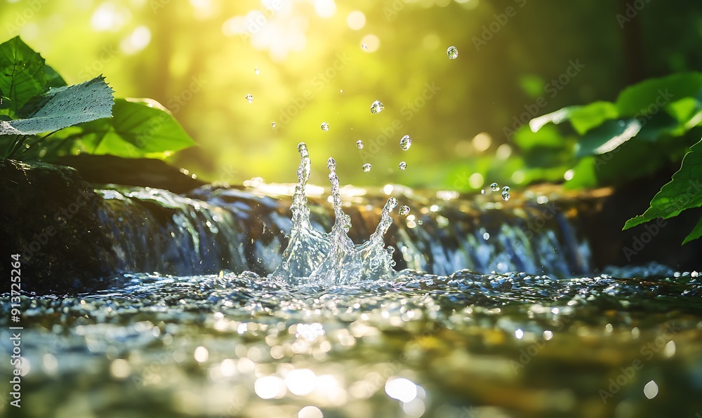 Poster cinematic closeup of dynamic flowing stream surrounded by lush greenery
