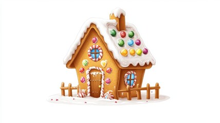 2D cartoon of a gingerbread house with icing and candy decorations, clean lines, isolated on white background, ample copy space